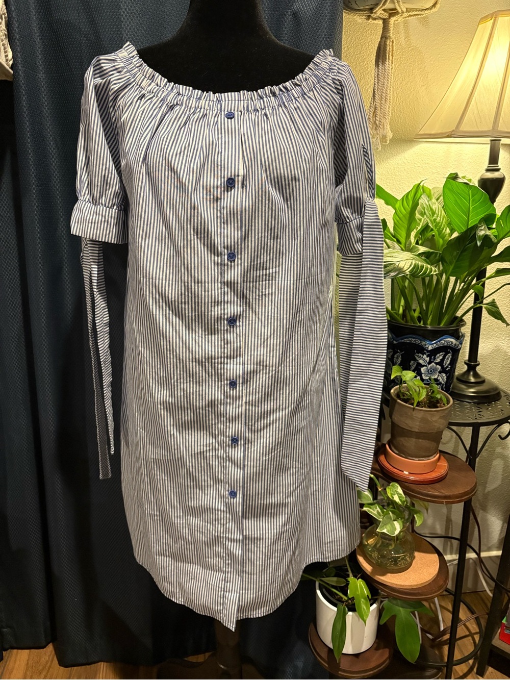 Short Shasa Blue and White Striped Off-Shoulder Button Dress